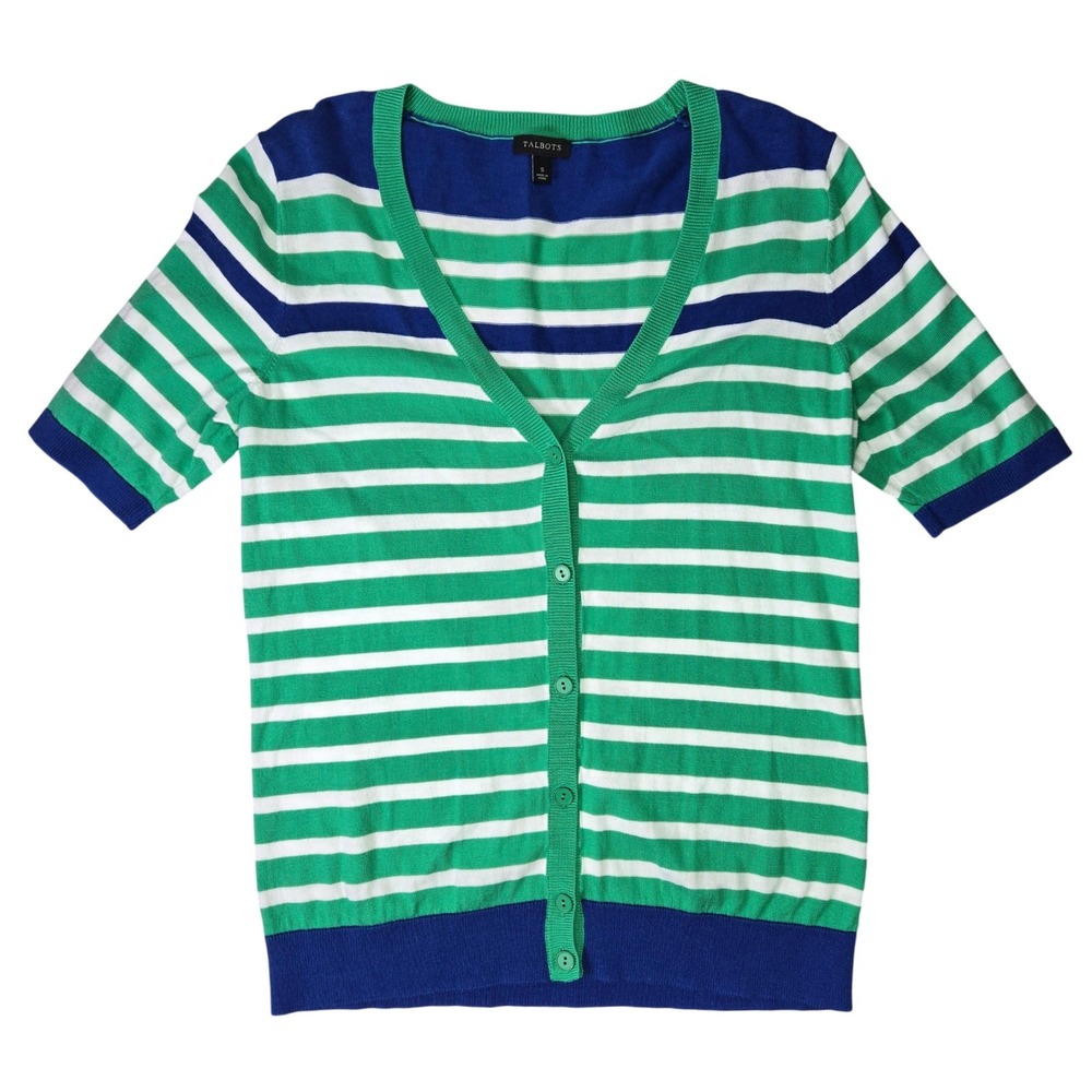 Talbots Womens S Green Blue White Striped Short Sleeve V-Neck Cardigan Sweater